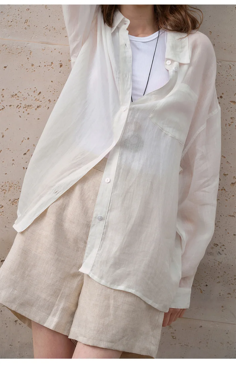 Damen-Freizeithemd aus 100 % Ramie im französischen Stil, Frühjahr/Sommer 2026, neu, einreihiger Cardigan, Damen-Revers-Langarmhemd in Weiß – Detail 21