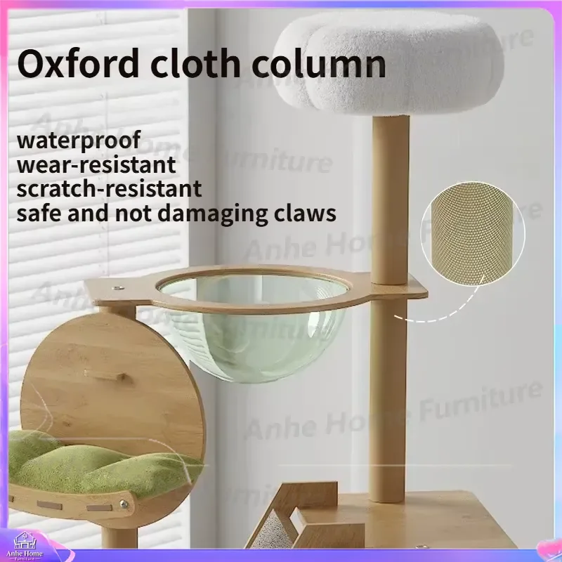 Wooden Cat Tree Tower with Climbing Frame Bed Scratching Board Space Capsule Semicircular Large Cat Activity Center for