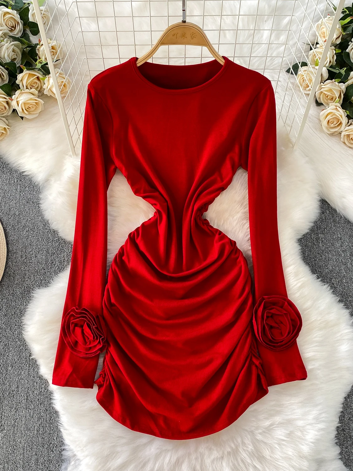 Foamlina Casual Women Long Sleeve Ruched Mini Dress Autumn Fashion Solid 3D Flowers Long Sleeve O Neck Slim Short Bodycon Dress