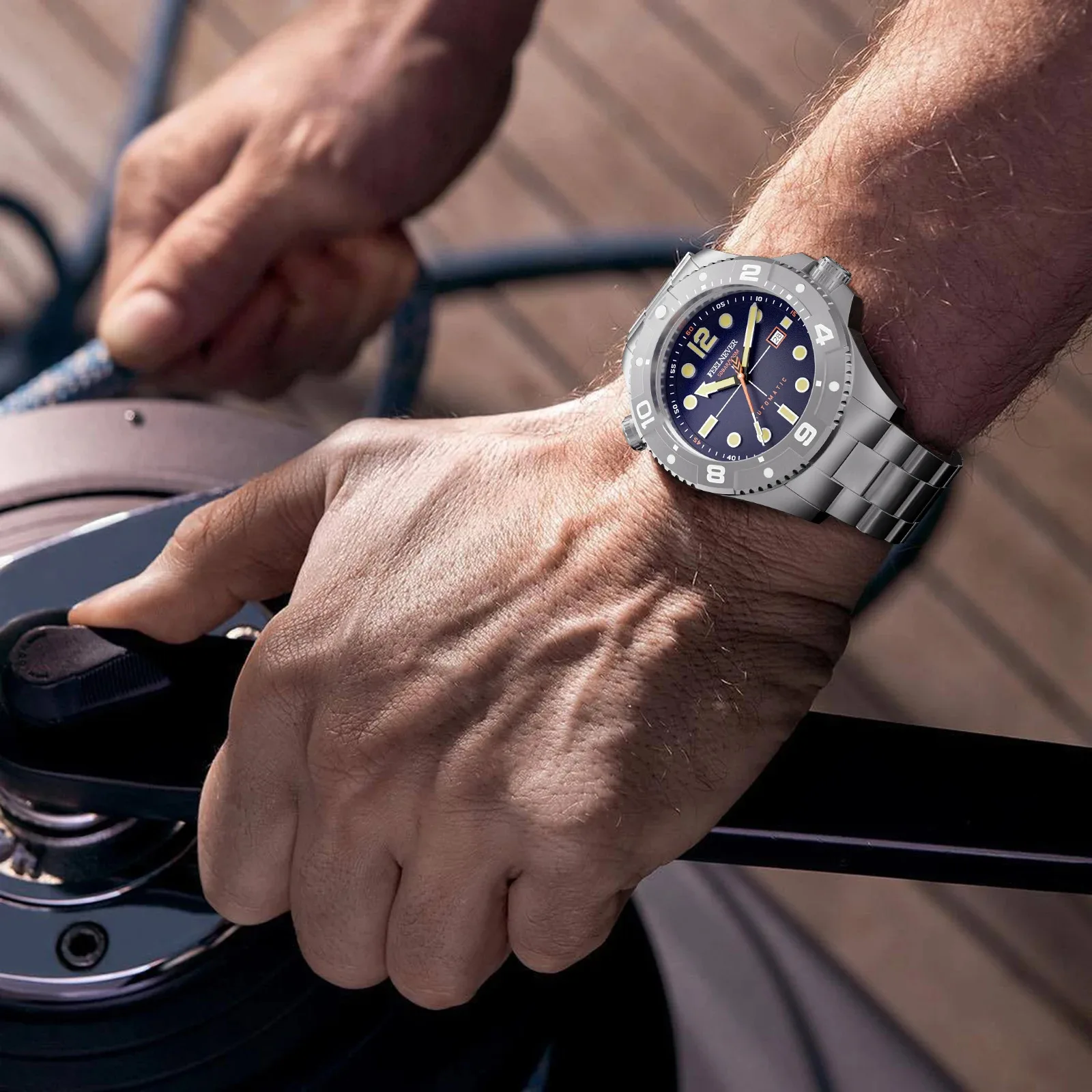 FeelNever 남성용 전문 자동 운동 기계식 시계 316L 스테인레스 스틸 방수 뚜르 비옹 날짜 다이빙 시계