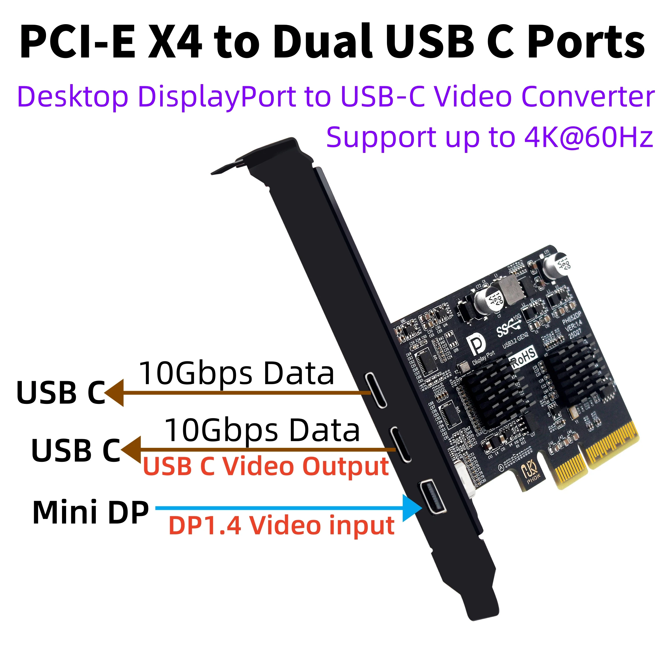 

PCI-E 4X на двойной видеокарта USB 3.1 Type-C 10 Гбит/с, преобразуйте настольную видеокарту (мини) DisplayPort 1.4 Видеовход на выход USB-C 4K 60 Гц