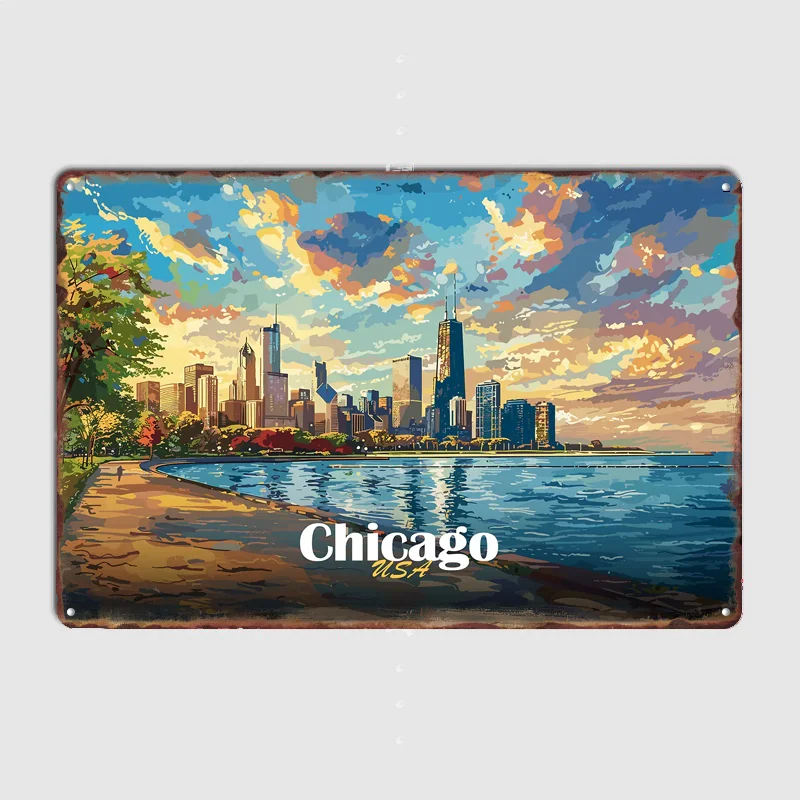 Chicago Skyline Painting Scenery Travel Poster Metal Sign Indoor Outdoor Home Decor Bar Custom Posters Wall Room Decorations