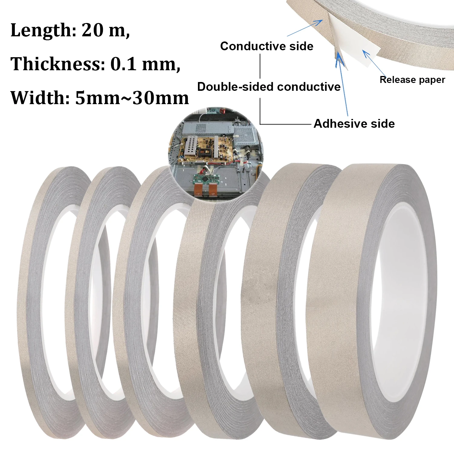 20-Meter Double-Sided Conductive Fabric Tape, Single-Sided Adhesive Electromagnetic Shielding Fabric Tape, Thickness 0.1 Mm