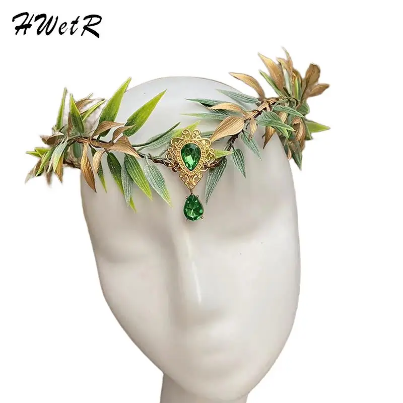 

New 1pcs Fairy Leaf Rhinestone Headband Handmade Elf Princess Headpiece Forest Wedding Flower Crown For Girls Halloween