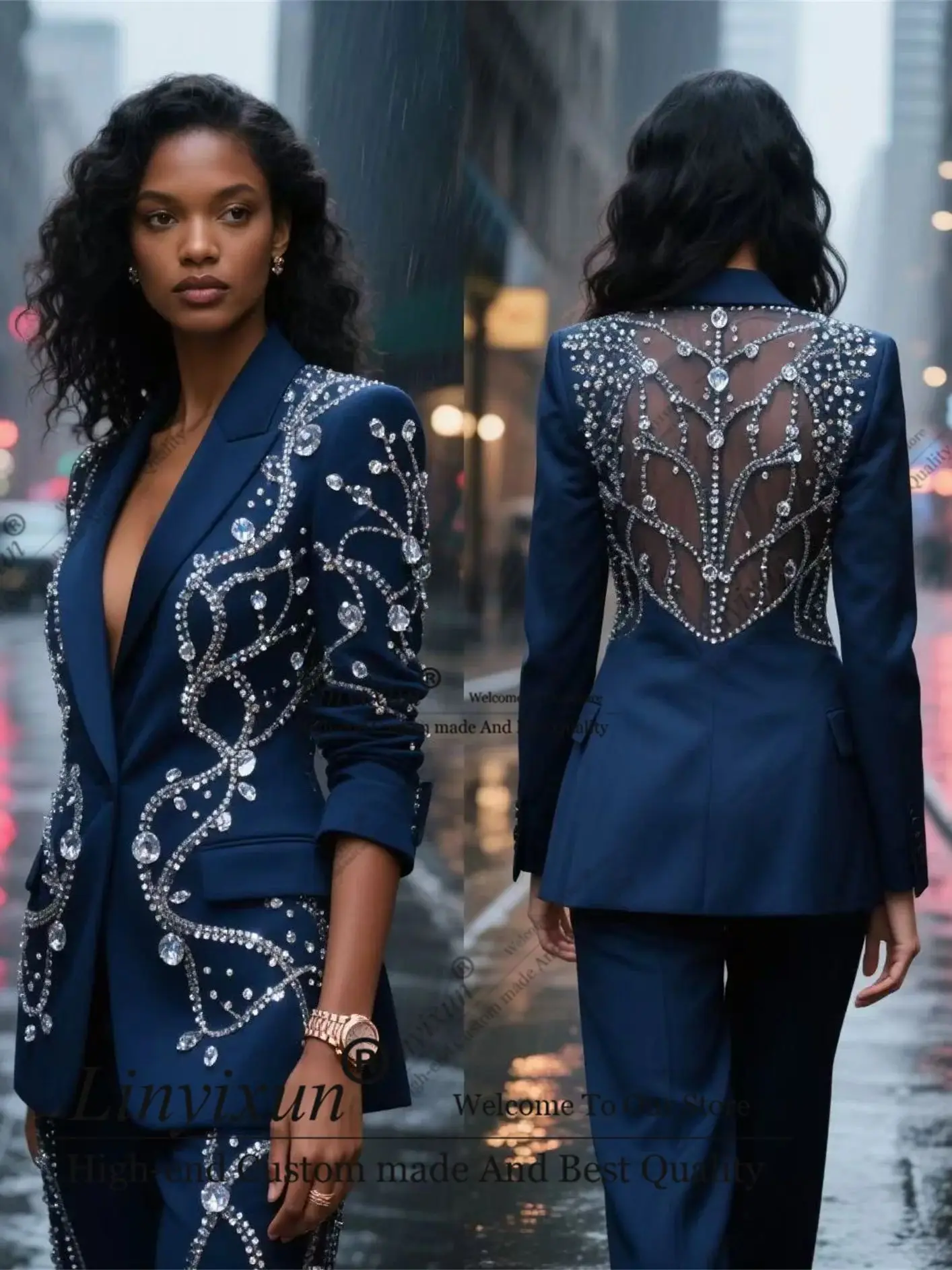 

British style Backless mod Rhinestones Customized Women's Suit 2 Pieces пиджак женски Slim Womens Clothing Pant