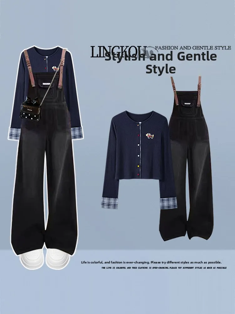 

Large Size Autumn College Style Knitted Cardigan And Denim Overalls Women's Fashion Set Korean Style Slimming Vintage Two-Pie...