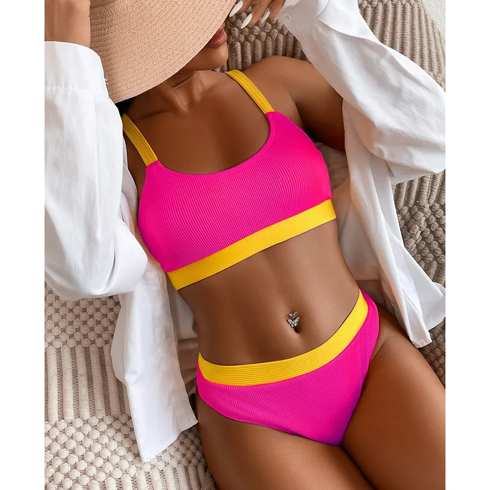 Custom LOGO women's clothing new special fabric threaded pit strip bikini color matching split swimsuit explosion