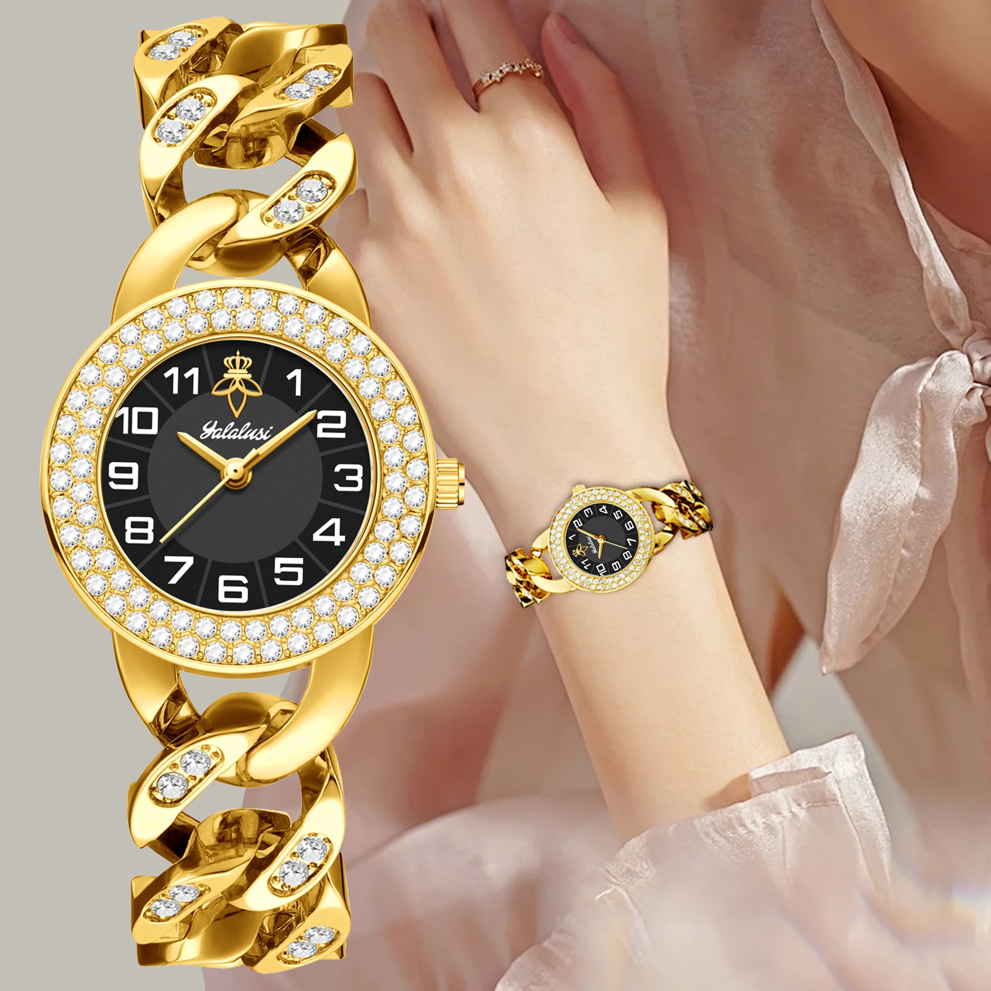 야라루시 골드 쿠반 체인 여성용 시계 풀 크리스탈 다이 - Luxury Watch Gift For Her 리뷰 및 가격