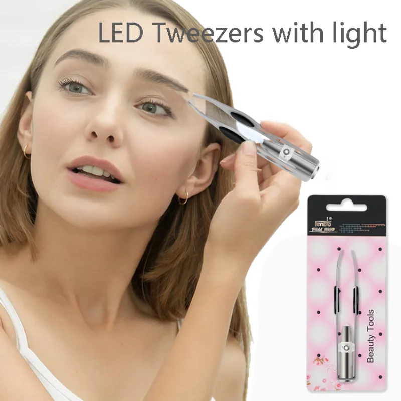 LED Eyebrow Tweezers Oblique Tip Eyebrow Trimming Clip Stainless Steel Eye Hair Removal Clamp False Eyelashes Curler Makeup Tool