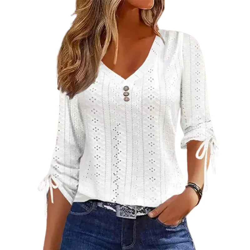 Elegante Jacquard drei Knöpfe Dekoration V-Ausschnitt Pullover T-Shirt Damen Kordel zug Schnürung Langarm Tops weibliche lässige T-Shirts