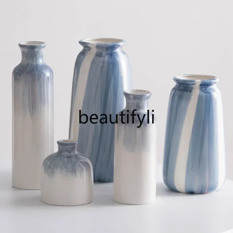 

ss D Hand painted blue minimalist ceramic decoration dried flowers flower vase ornament
