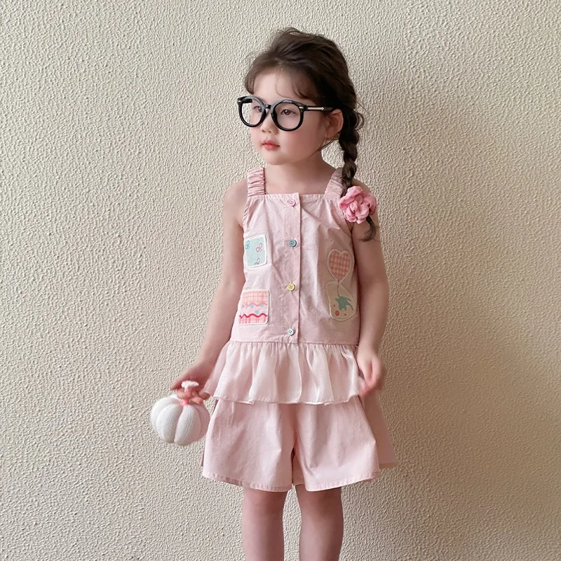

2025 New Girls' Summer Outfit Set: Children's Summer Tank Top with Cartoon Pattern and Casual Shorts, Two-Piece Set