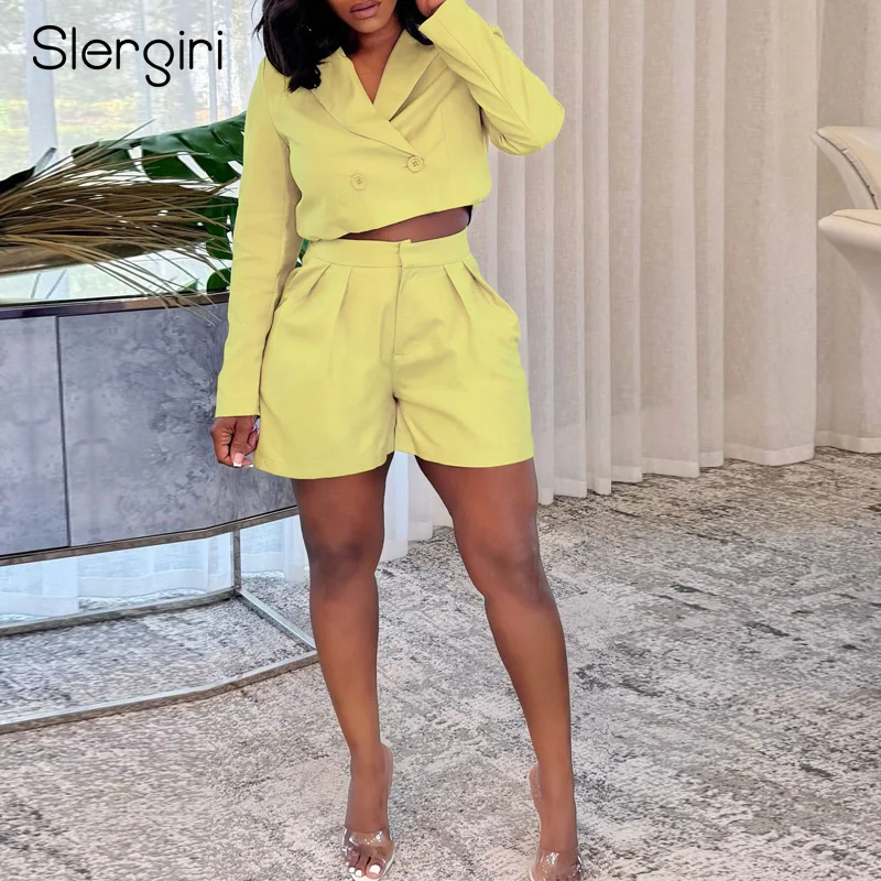 

Slergiri Women's Elegant Double Breasted Notched Neck Long Sleeve Crop Blazer Jacket with Shorts Woman Outfit Two Piece Set