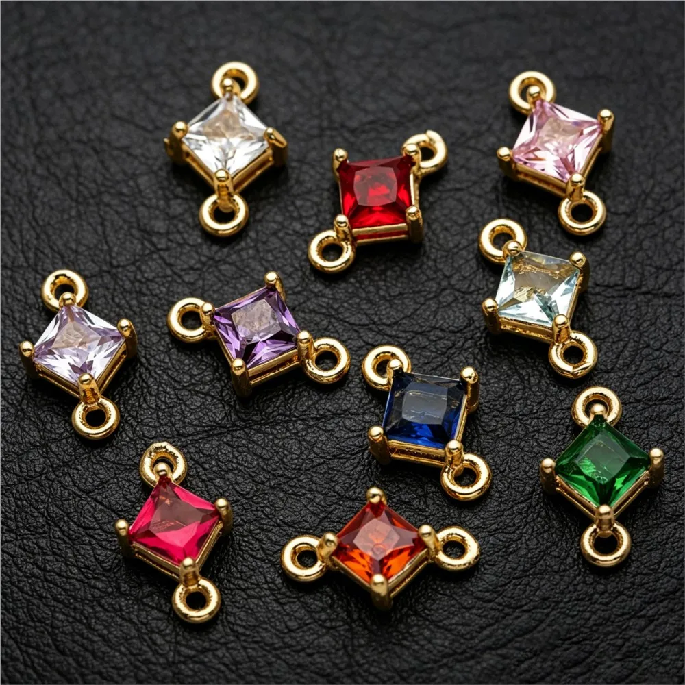 5pcs 7X11mm Gold Color and Zircon 2 Holes Square Connect Charms Pendants For DIY Earring Necklace Jewelry Making Supplies Crafts