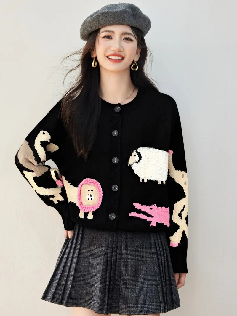 

Корейский вязаный кардиган с мультяшной вышивкой, женский 2022, осенне-зимняя уличная одежда, повседневный свободный свитер с круглым вырезом и длинными рукавами, верхняя одежда