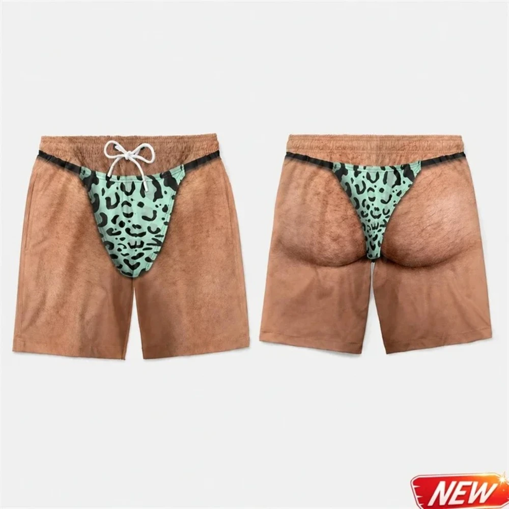 Calções de banho masculinos com estampa de leopardo verde na frente, design 3D com imitação de pele e cordão ajustável, ideais para praia e surf no verão.