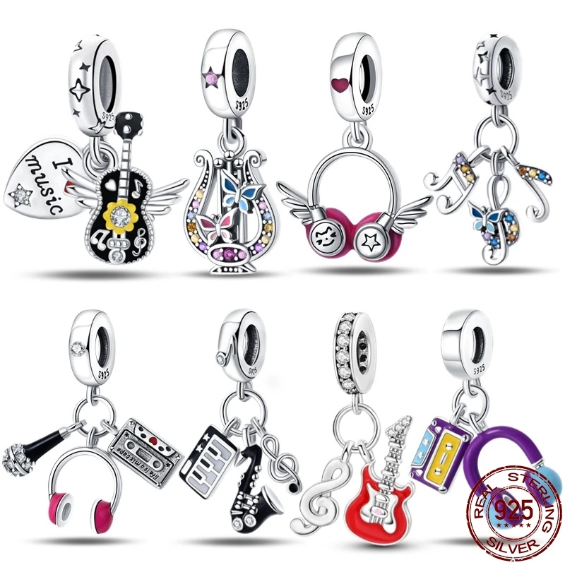 S925 Silver DIY Music Series-Punk Guitar Beads Charm Fit Pandora 925 Original Bracelet For Women Jewelry Birthday Gift New