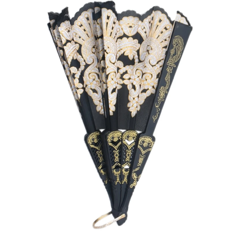 Black Spanish Style  Wedding Lace Silk Folding Hand Held Flower Fan