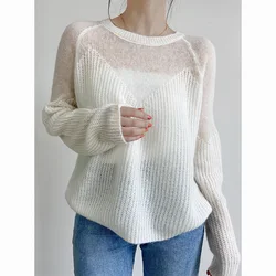 Sexy Transparent Hollow Out Women Sweaters Round Collar Long Sleeve Loose Thin Knitted Pullovers Candy Color Tops