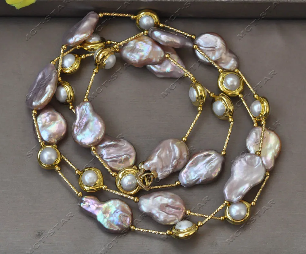 MTC·STAR  Z13077 Luster 45\'\' 25mm Peacock-Lavender Drop Coin White Gold Plated Pearl Necklace