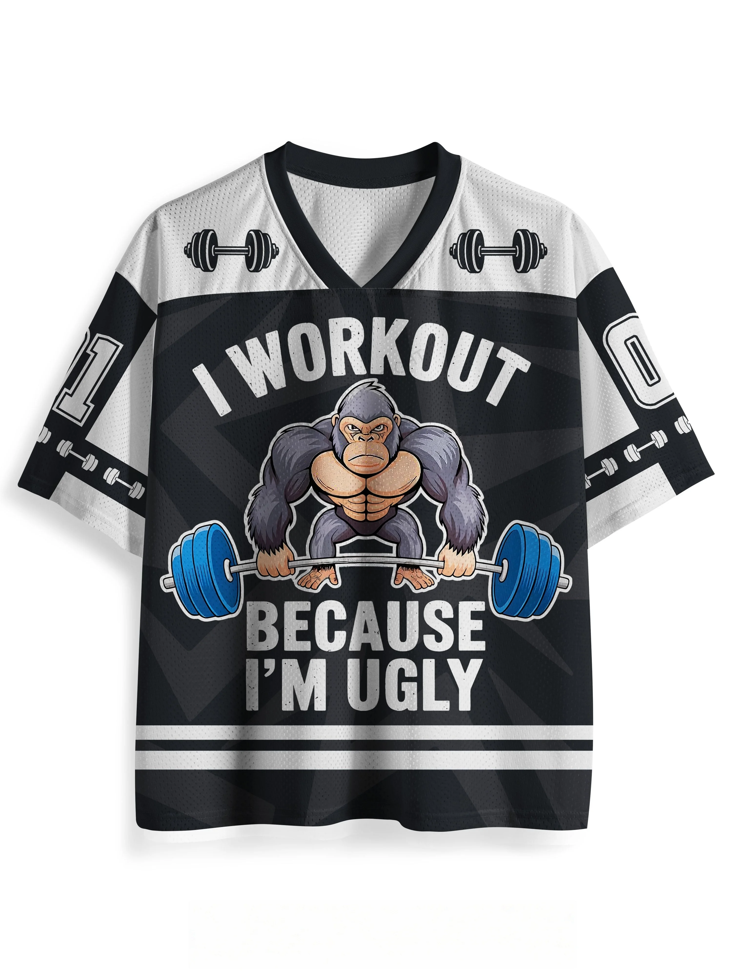 Unisex Y2K Gorilla Dumbbell Fitness Graphic Mesh Jersey V‑Neck Short Sleeve Breathable Loose Streetwear Personality Summer Tops