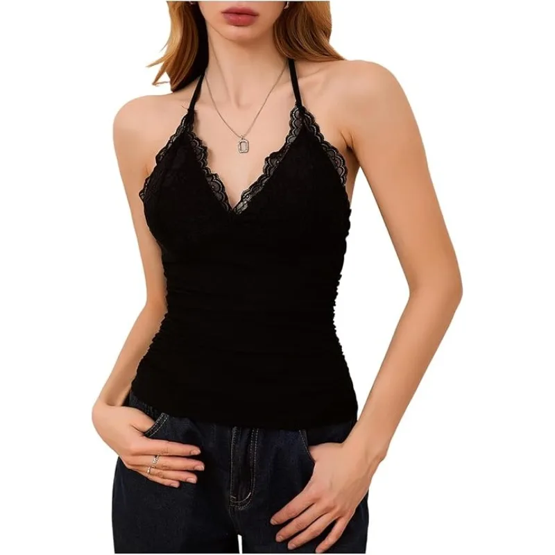 

American Sexy Hottie Camisole Harajuku Subculture Lace Patchwork Halter Vest Womens Bind Sweet Chic Tanks Top Fashion Streetwear