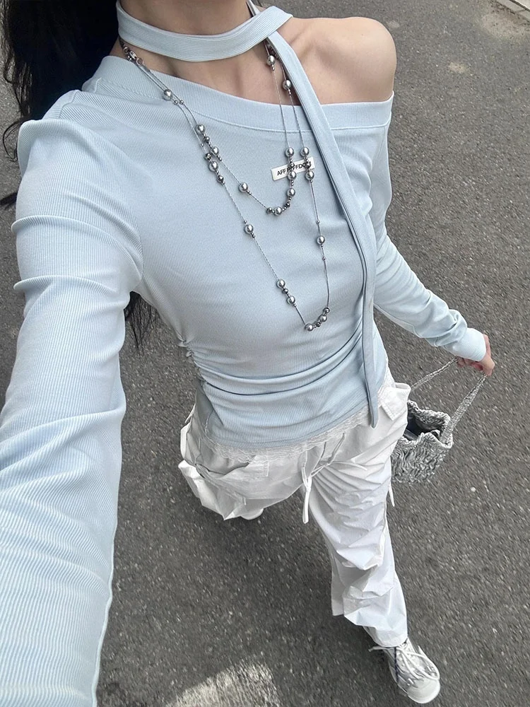 Oulder Bared Long Sve T irt المرأة الربيع الكورية Sle سليم صالح ملابس داخلية قاعدة irt مثير فتاة oulder أعلى