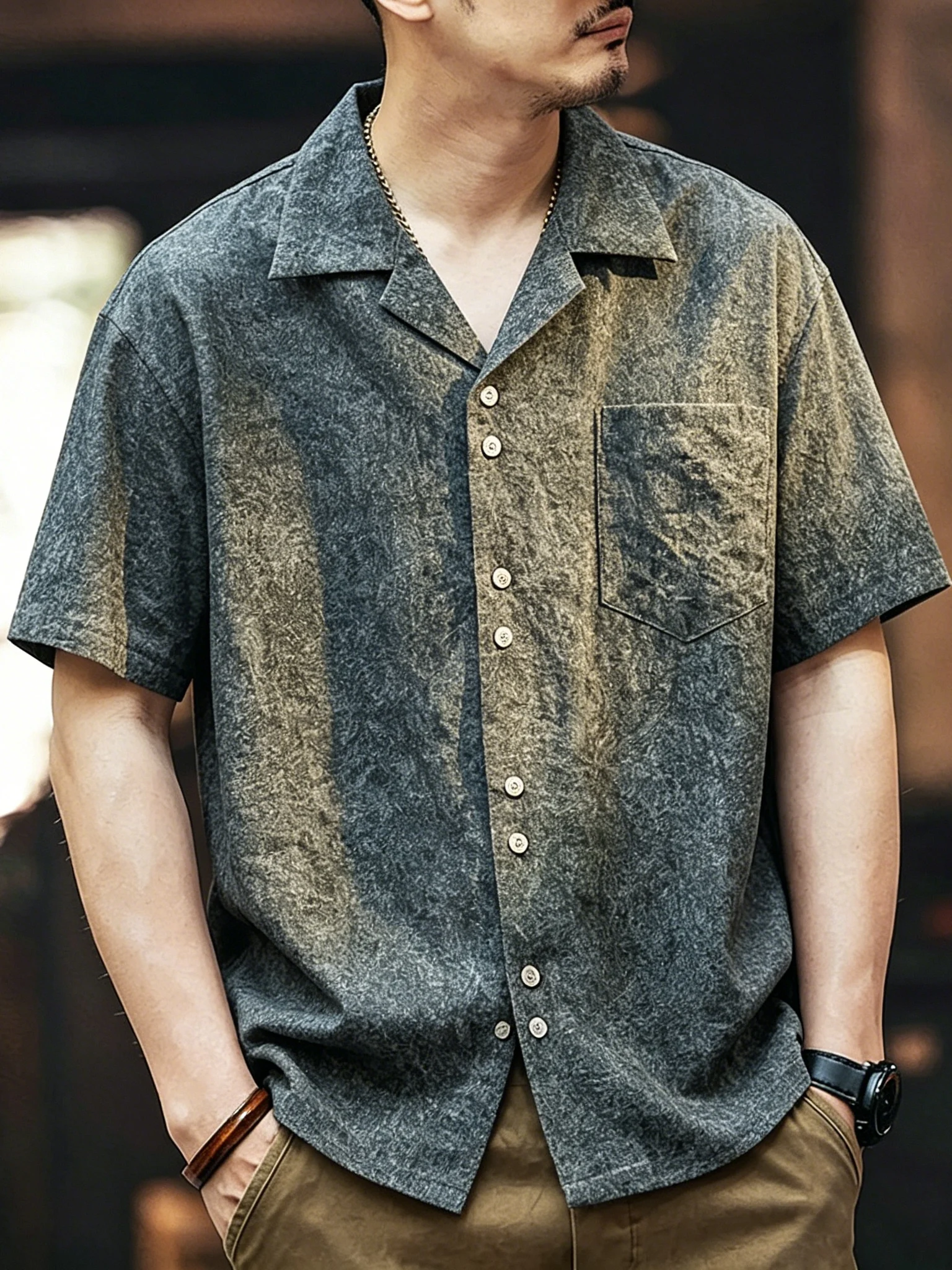 American Cuban Collar Short Sleeve Men's Shirt Casual Old Money Style Textured Cool Feeling Top Five Button Open Cardigan