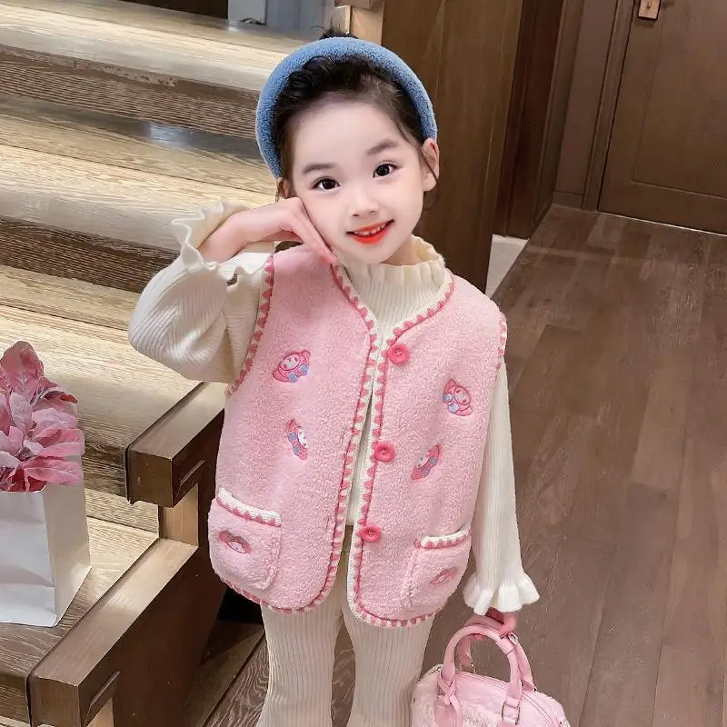 My Melody Sanrios Vest Kuromi Girl Autumn Winter Child Winter Lamb Wool Waistcoat Cute Plus Velvet Keep Warm Wear Outside Vest