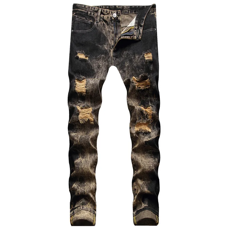 

2025 fashion trend plus size nostalgic stir fried puncture hole straight leg men's denim pants