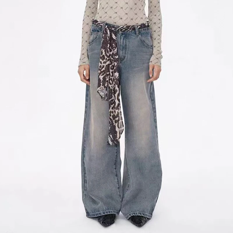 

Women's washed and distressed jeans, leopard yarn scarf decorated straight leg, high quality pants, fall, new, 2024, y2k