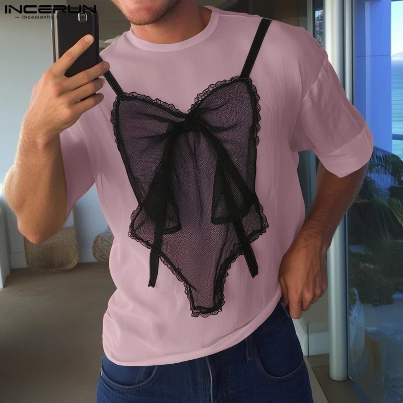

INCERUN Men T Shirt Lace Patchwork O-neck Short Sleeve Loose Male Tee Tops Streetwear Summer 2025 Fashion Men Clothing S-5XL