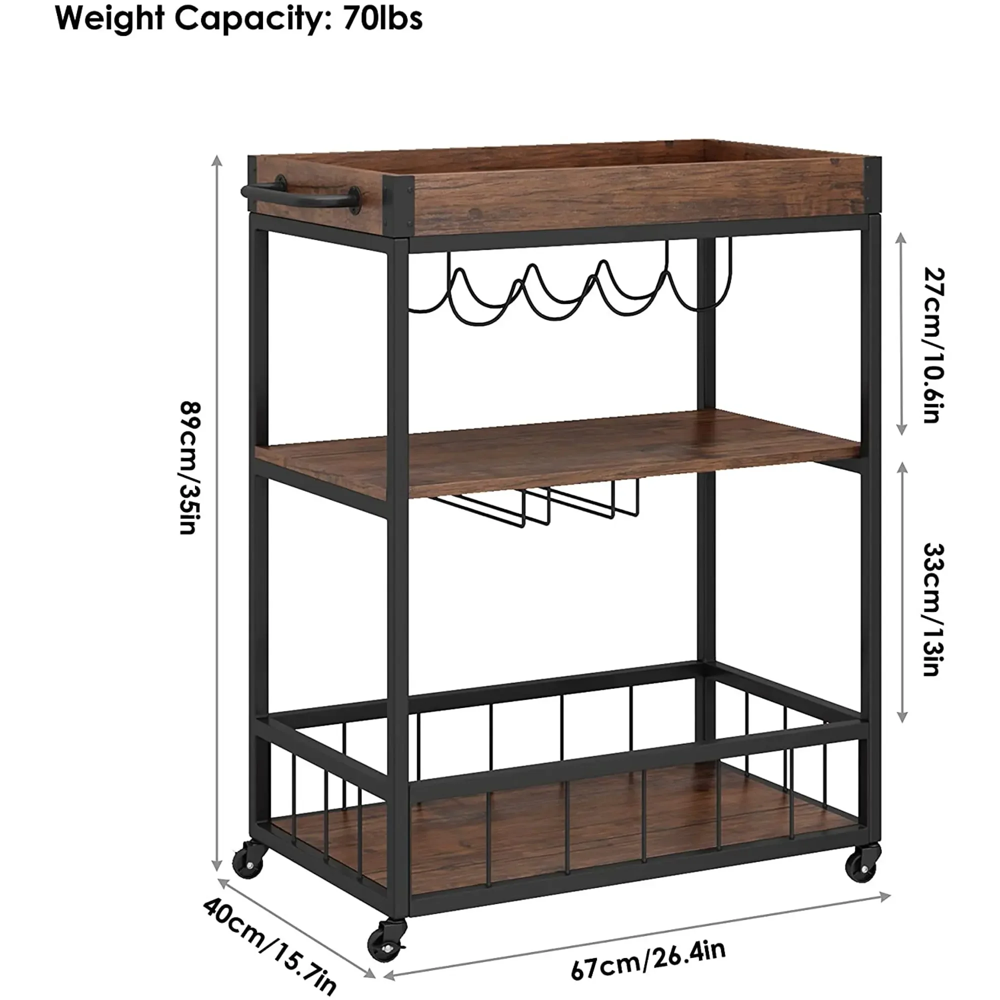 Bar Cart for Home Mobile Wood Metal Kitchen Serving Cart Storage Rolling Storage Cart with Drawers