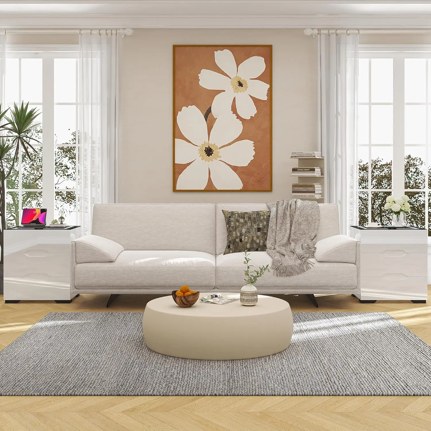 منضدة ذكية بيضاء مع قاعدة شحن لاسلكية وأضواء LED قابلة للتعديل، وطاولة نهاية عالية اللمعان مع 3 أدراج وشحن USB #5