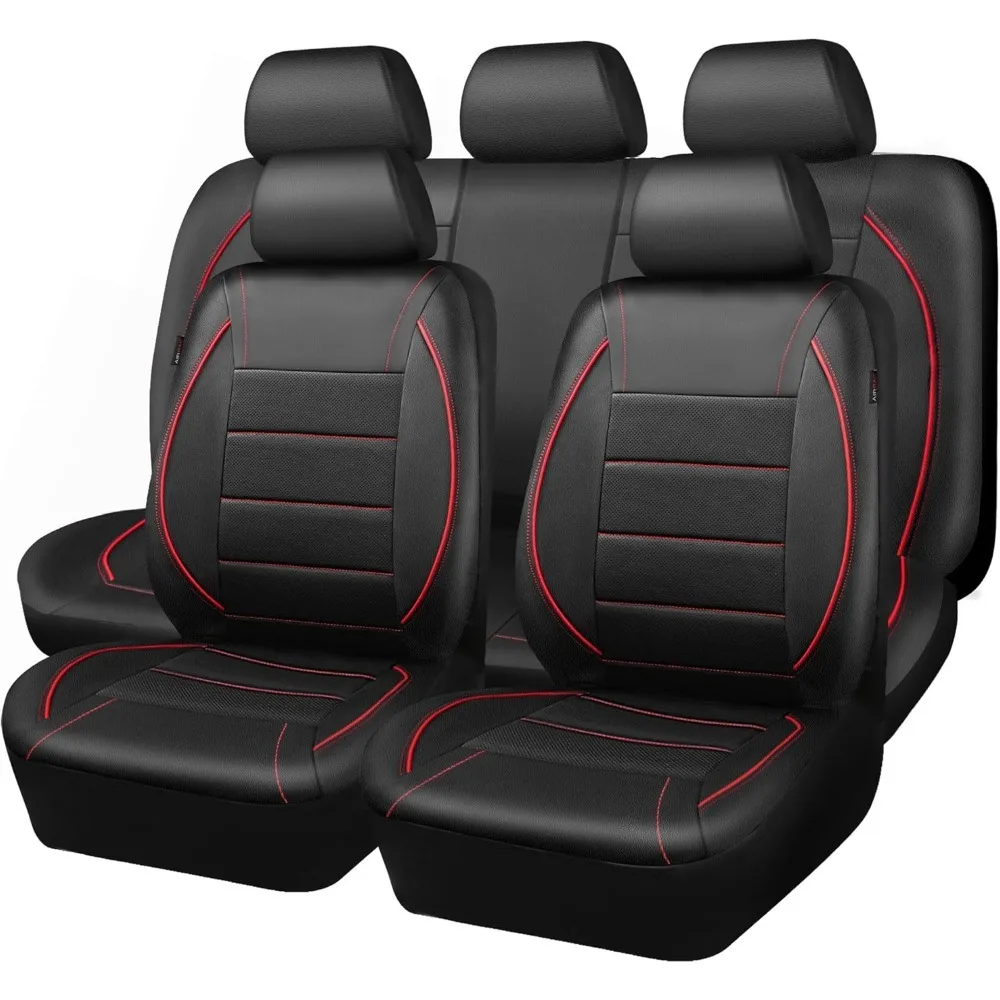 

Universal FIT Piping Leather Car Seat Cover Full Set for SUVs Vans Trucks Airbag Compatible Inside Zipper Design Black and