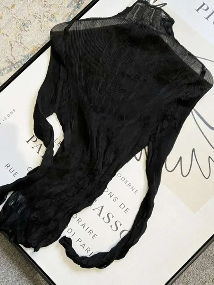 تي شيرت نسائي غير رسمي ذو ثنيات وياقة واقفة تي شيرت نسائي بأكمام كاملة بلون سادة بيبلوم فضفاض مياكي صيف جديد 2025