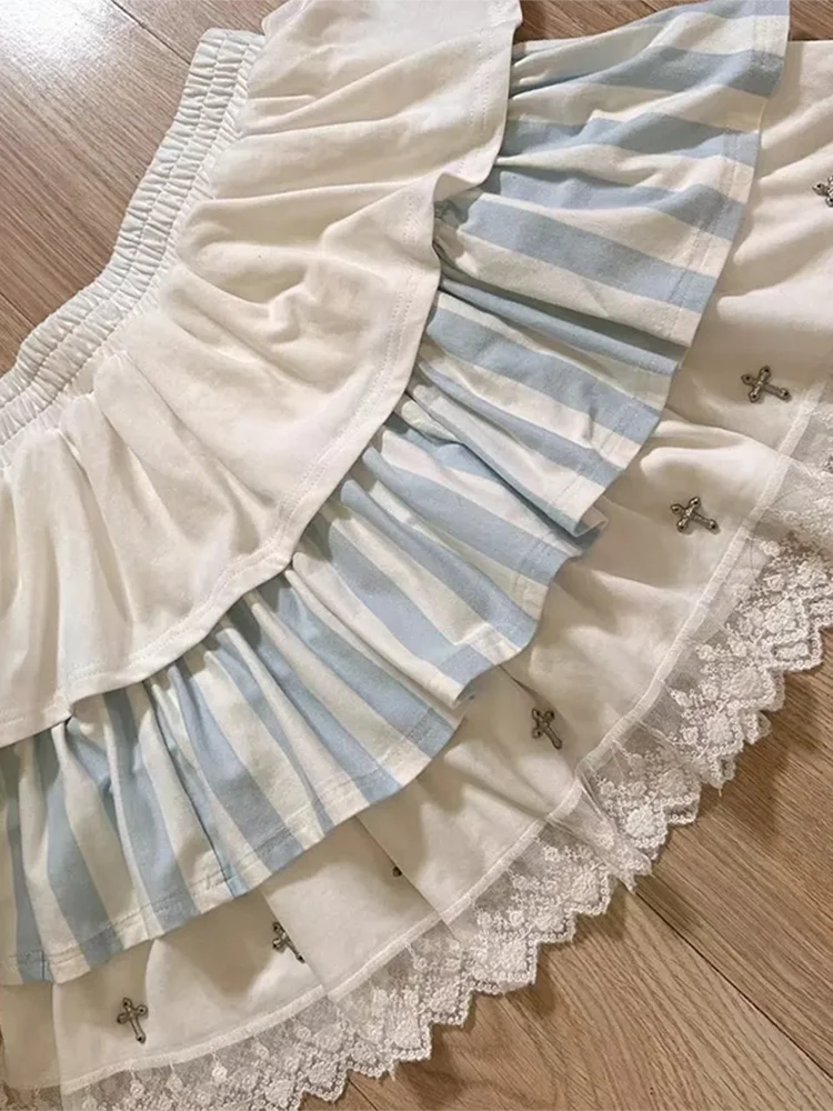 اليابانية المرقعة الحلو تنورة المرأة Kawaii Harajuku كعكة رقيق التنانير أزياء من الدانتل الأزرق مخطط ضئيلة تنورة صغيرة الإناث جديد