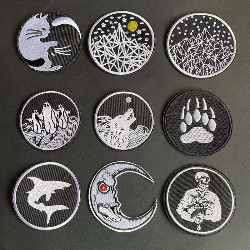 6 Stück/Schwarze Stoff-Applikationen, runde Abzeichen, Kleideraufkleber, Wolf, Pinguin, Bergmotiv, aufbügelbare Patches für Kleidung, Rucksack – Detail 3