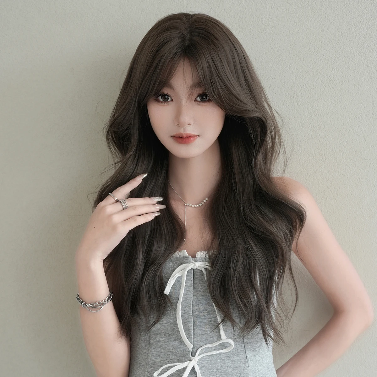 7JHH WIGS Long Body Wave Cool Brown Wig for Women Synthetic Modest Fashion Middle Part Wear and Go Wigs with Curtain Bangs - view 2