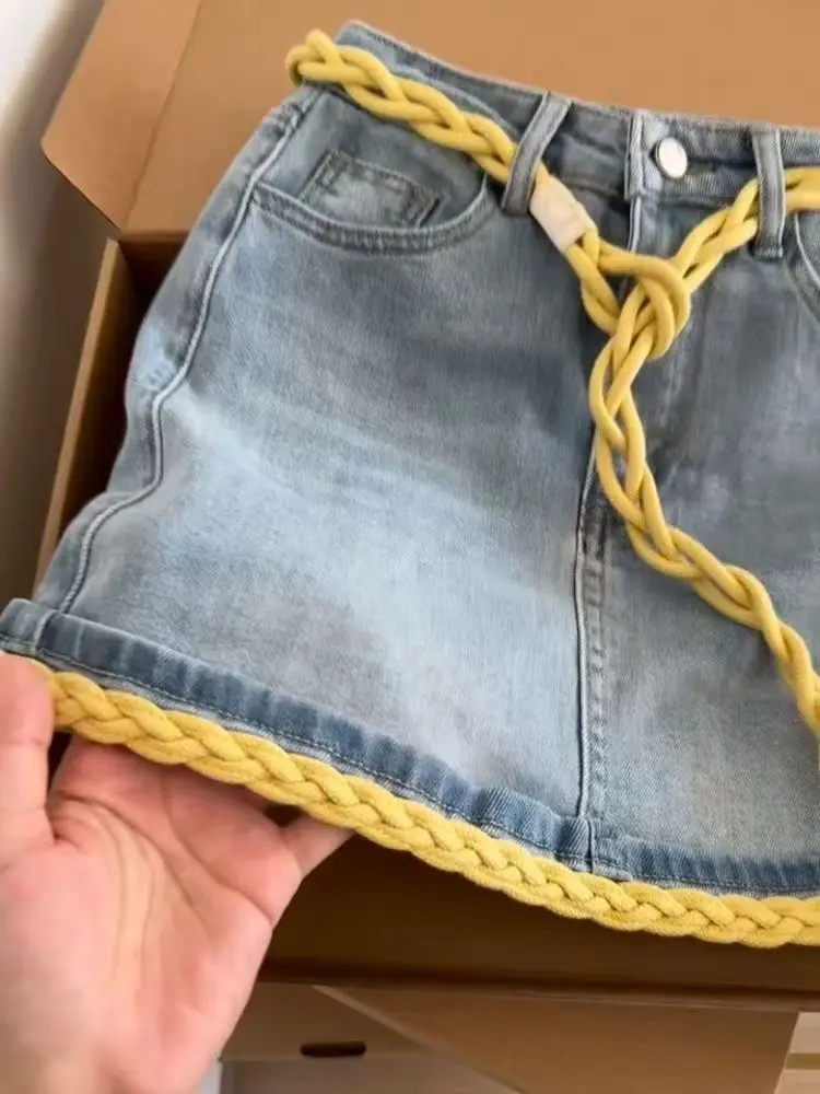 한국 스타일 틈새 대비 컬러 데님 짧은 치마 세련된 다목적 하이 웨이스트 a 라인 스커트 여름 새 여성 의류