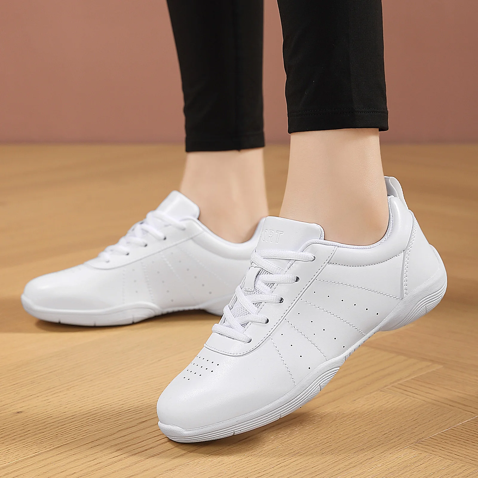 2326 White Ladies Leather Upper Cheer Shoes Breathable Aerobics Sneakers Athletic Footwear Fitness Workout Sports Trainers