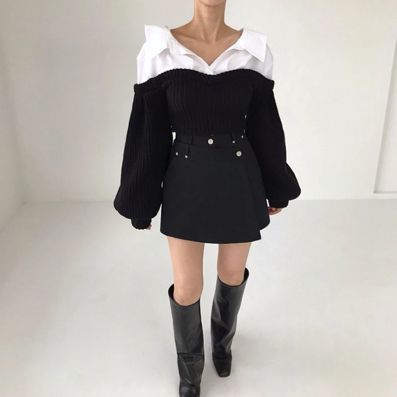 Maglione nero corto Moda donna Patchwork Pullover lavorato a maglia Maglieria coreana a maniche lunghe Autunno Inverno Maglioni dal design elegante