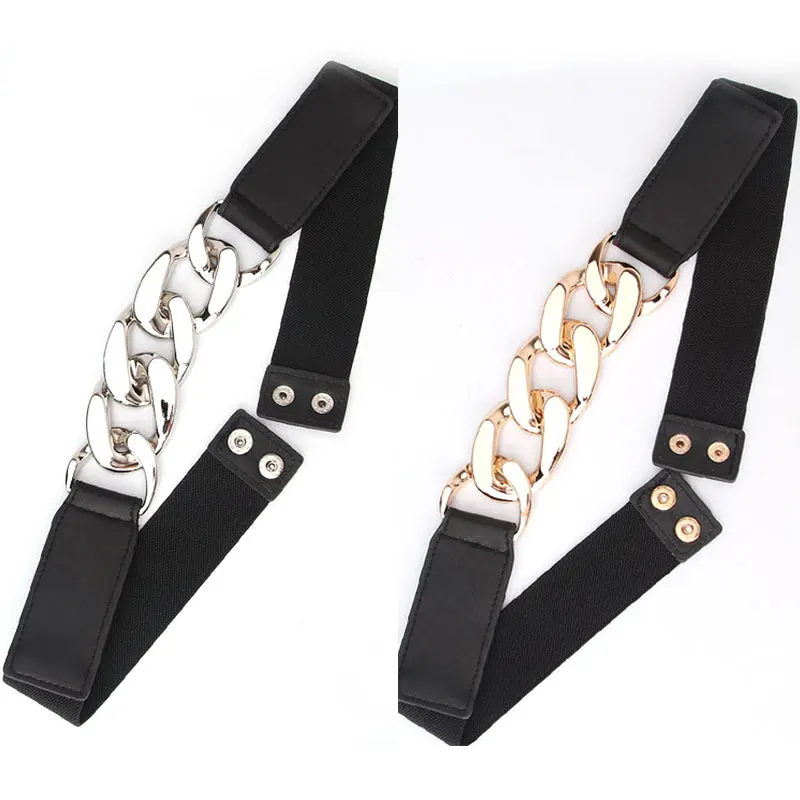 Punk Women Elastic Wide Belts Silver Gold Chain PU Thick Chain Waist Strap Dress Coat Sweater Decorative Waistband for Female