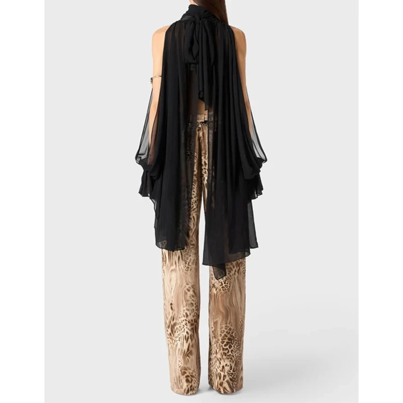 

Женская шифоновая пляжная блузка в стиле бохо с прозрачными вставками, асимметричным подолом, открытыми плечами, рюшами, расклешенными длинными рукавами и высоким воротом