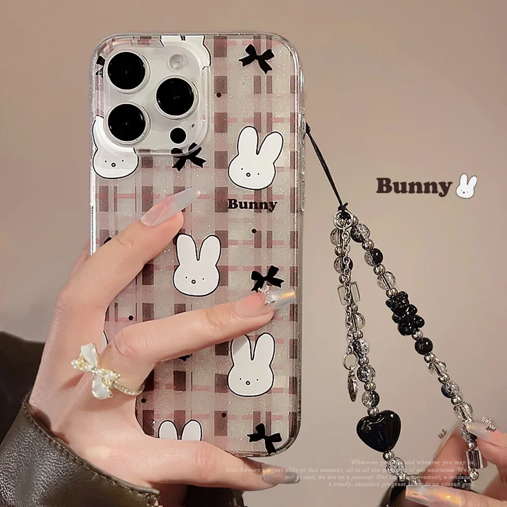 Funny Glitter bunny bow Retro Plaid Bracelet Phone Case For iPhone 17 air 16 15 14 13 12 11 Pro Max Xr Case Cute Cartoon Cover