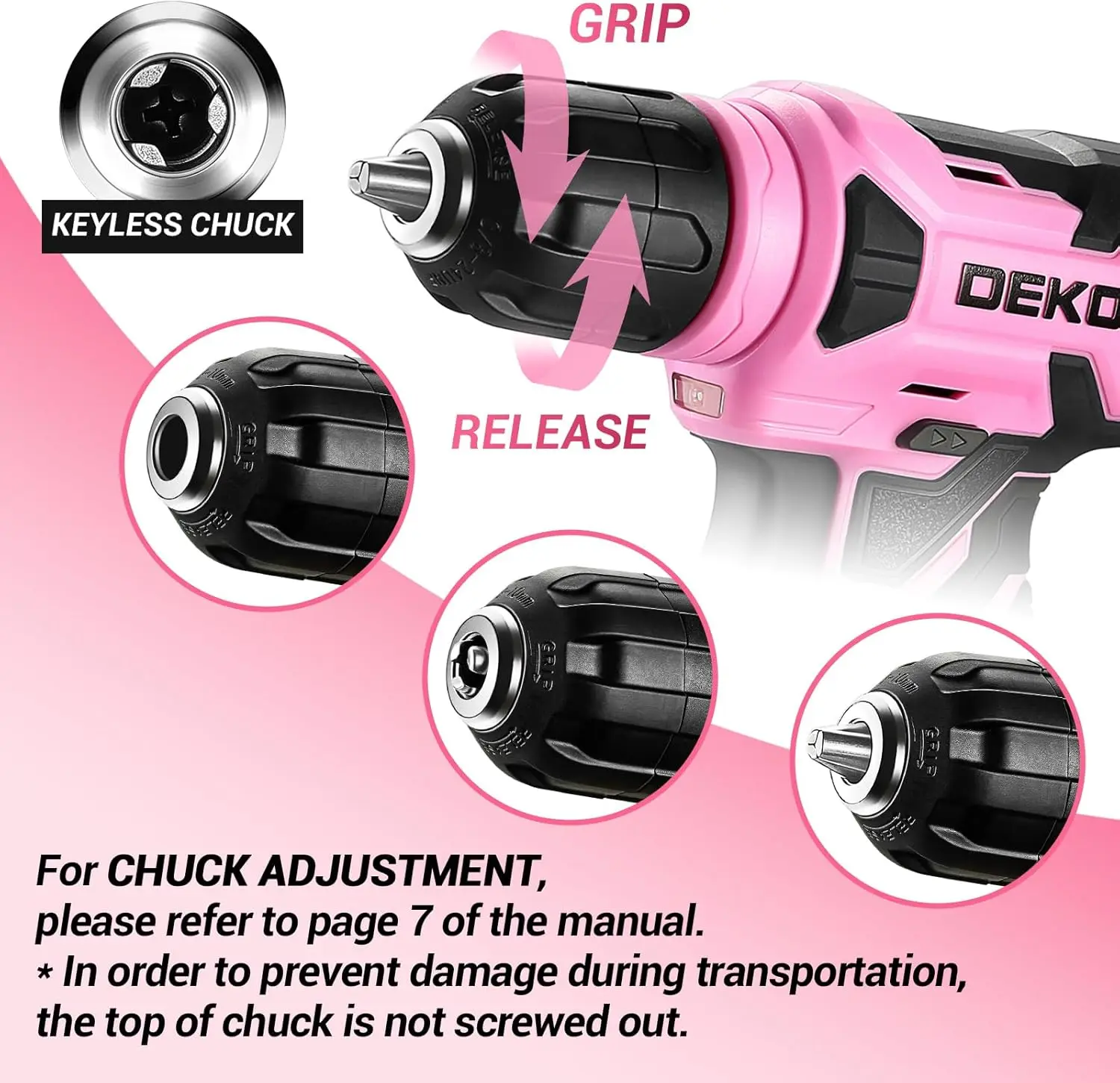 DEKO 8V Pink Cordless Drill, Drill Set with 3/8\