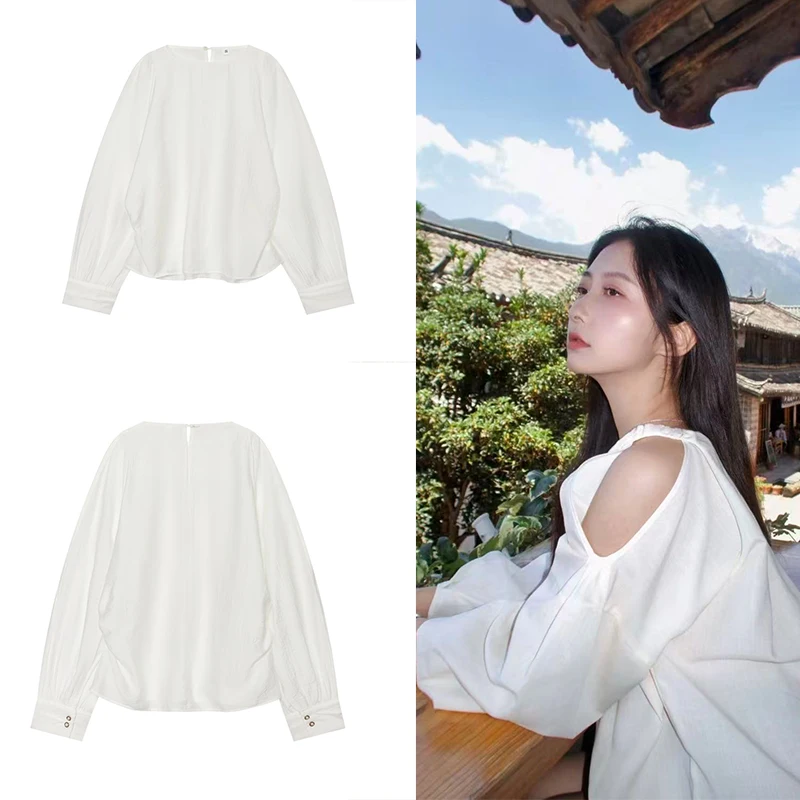 Guobioziy 2026 New Women's White Crew Neck Long Sleeve Top with Side Slit Puff Sleeves, Lightweight Daily Work Shirt