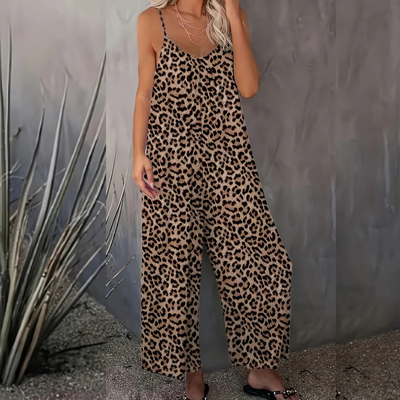 

Women's Elegant Summer Fashion Leopard Print Strap Jumpsuit Suitable for Vacation, Daily Casual Wear, and Party Outfits