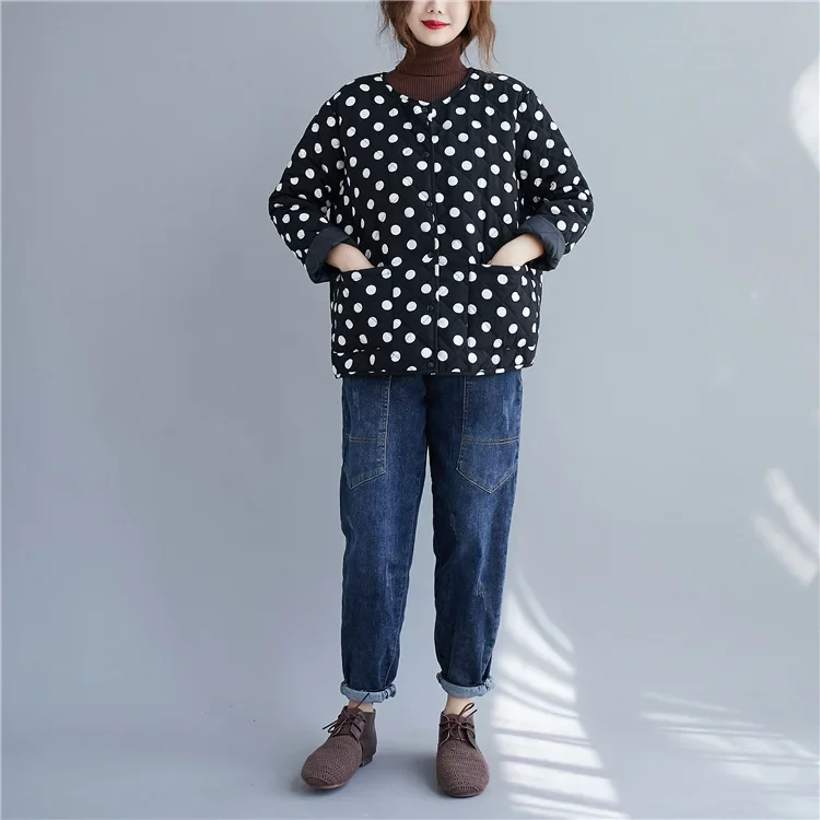 Polka Dot Warm Lightweight Cotton Jacket with Pocket Coat Women 2023 Autumn Winter Female Casual Loose Outfit Plus Size Outwear