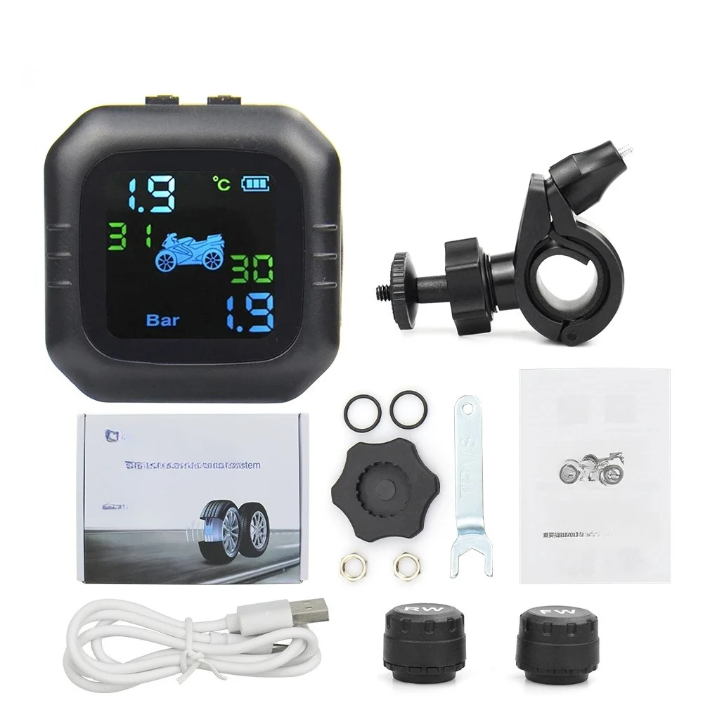 for Tyre Temperature Monitoring Alarm System with 2 External Sensors USB Solar Charging Motorcycle TPMS Motor Tire Pressure